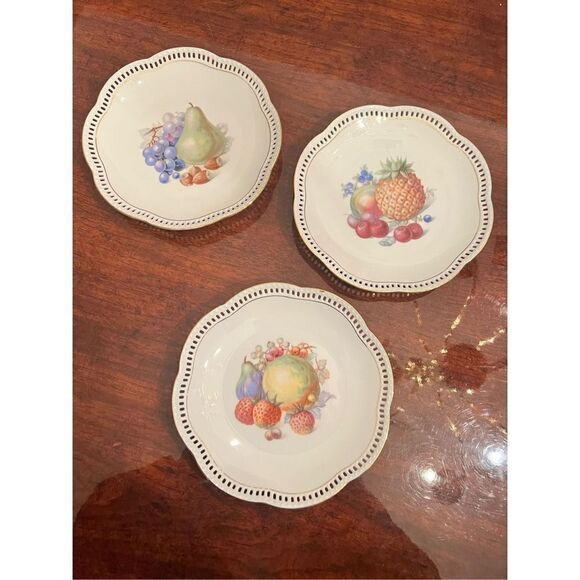 3 Schumann Arzberg Bavaria Fruit Plates with Reticulated Border Gold Trim